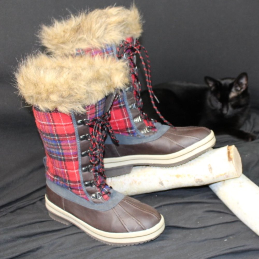 Red Plaid tall  mud boot * unknown designer
